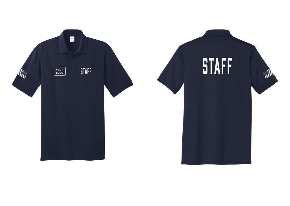 NYC Factory Custom Logo Staff Polo Shirt (Classic) - STAFF + Your Logo + Back + US Flag Sleeve - Navy