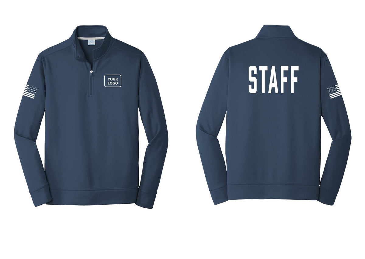 NYC Factory Custom Logo Staff Performance Fleece 1/4-Zip Pullover Sweatshirt (Classic) - Your Logo + Back + US Flag Sleeve - Navy