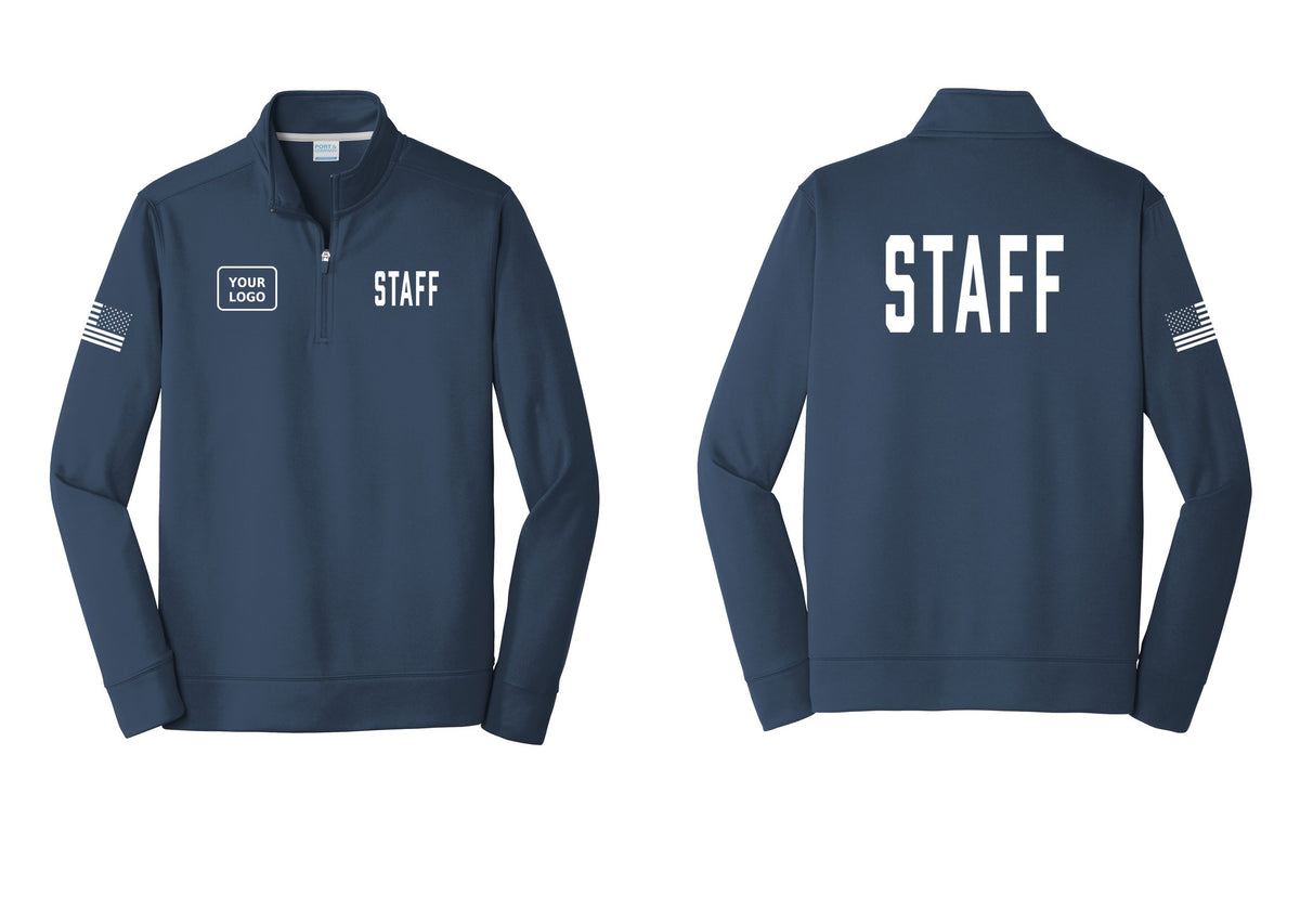 NYC Factory Custom Logo Staff Performance Fleece 1/4-Zip Pullover Sweatshirt (Classic) - STAFF + Your Logo + Back + US Flag Sleeve - Navy