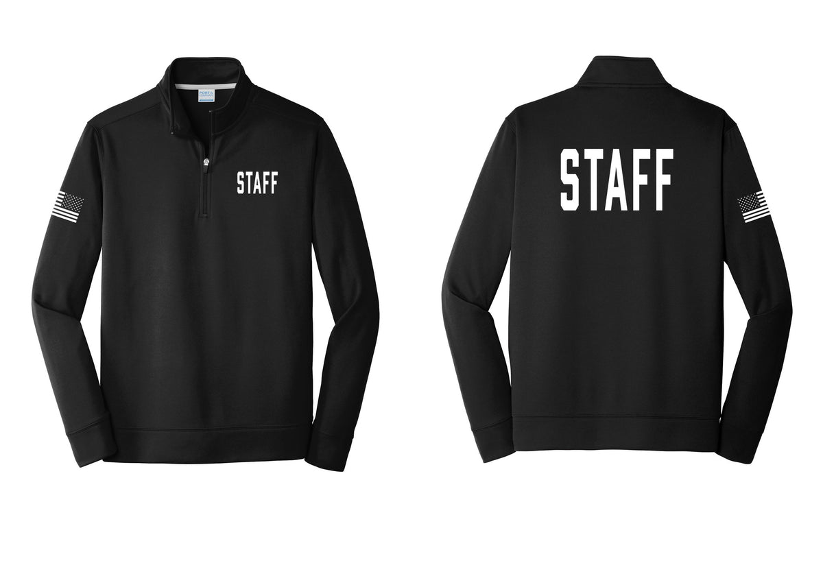 NYC Factory Staff Performance Fleece 1/4-Zip Pullover Sweatshirt (Classic) - Chest + Back + US Flag Sleeve - Black