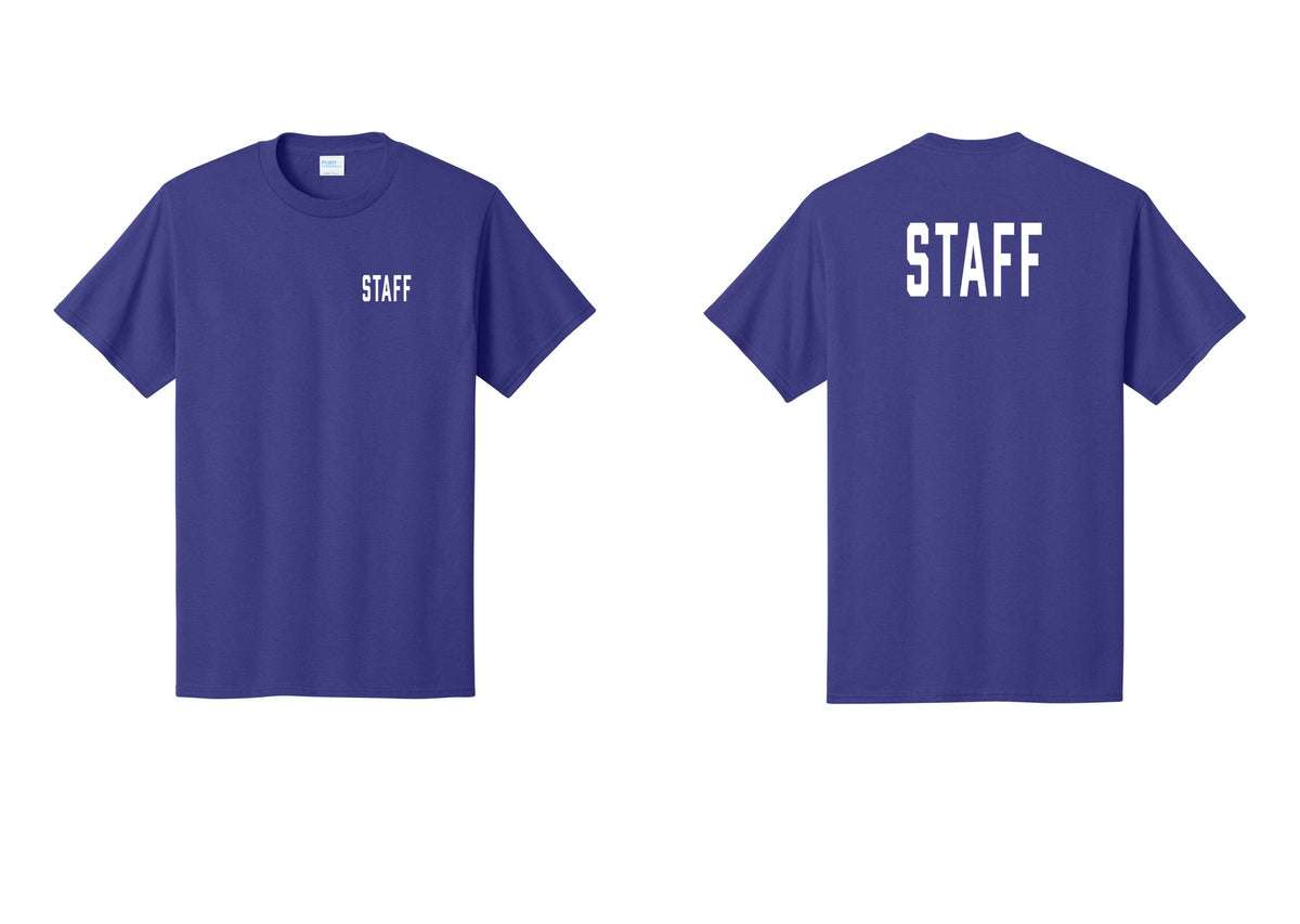 NYC Factory Staff T-Shirt, Condensed Lettering - Chest + Back - Purple