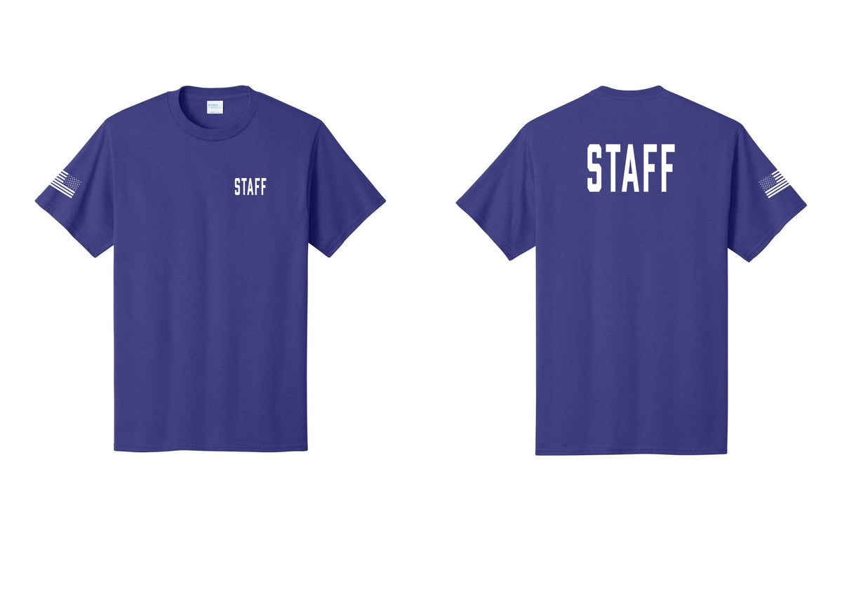 NYC Factory Staff T-Shirt, Condensed Lettering - Chest + Back + US Flag Sleeve - Purple