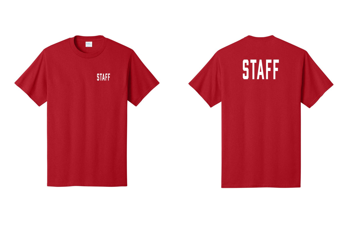 NYC Factory Staff T-Shirt, Condensed Lettering - Chest + Back - Red