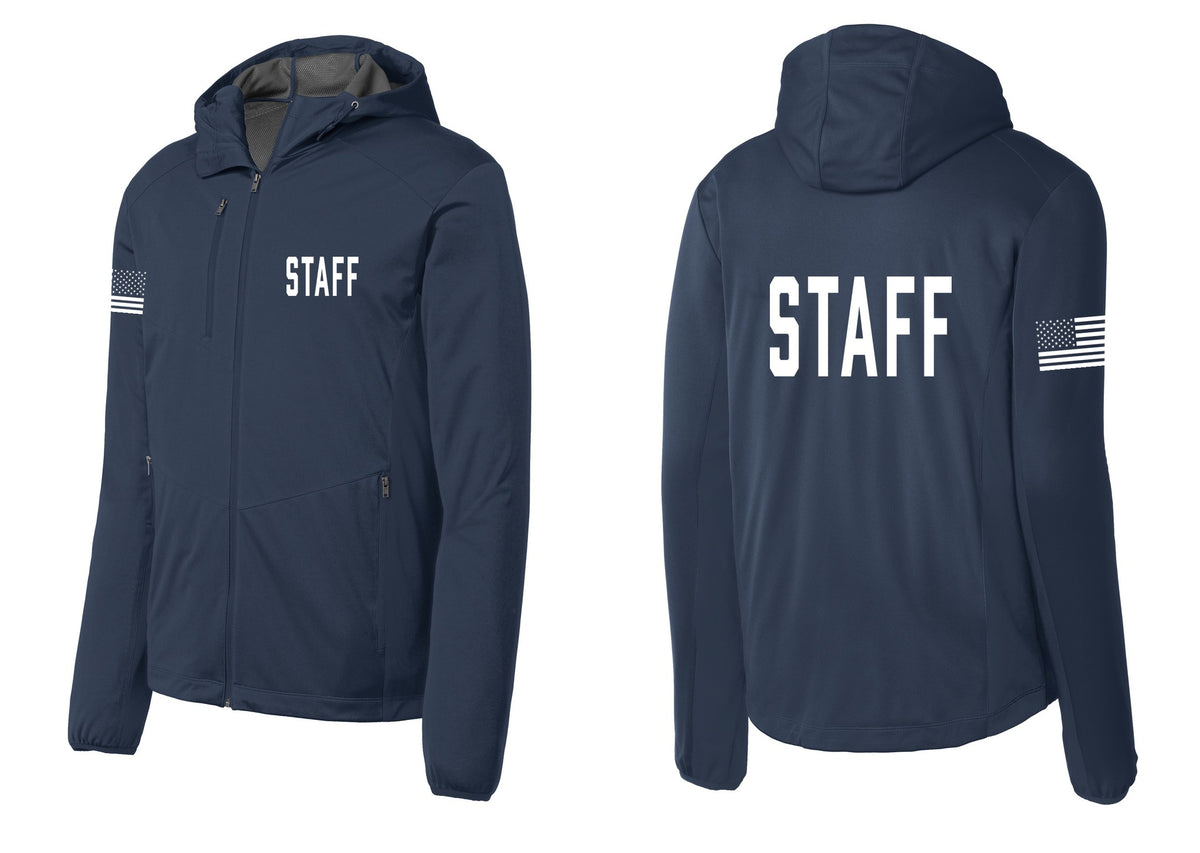 NYC Factory Staff Soft Shell Hooded Jacket (Classic) - Chest + Back + US Flag Sleeve - Dress Blue Navy