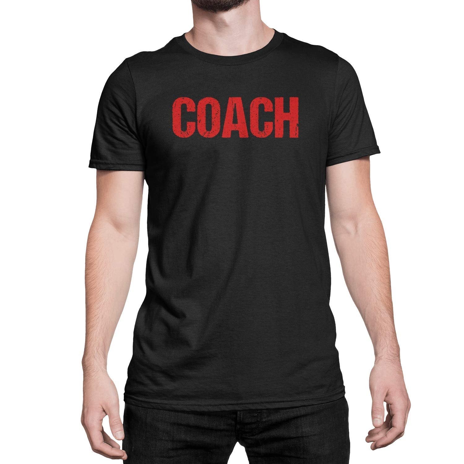 Coach T-Shirt Sports Coaching Tee Shirt (Black & Red, Distressed)