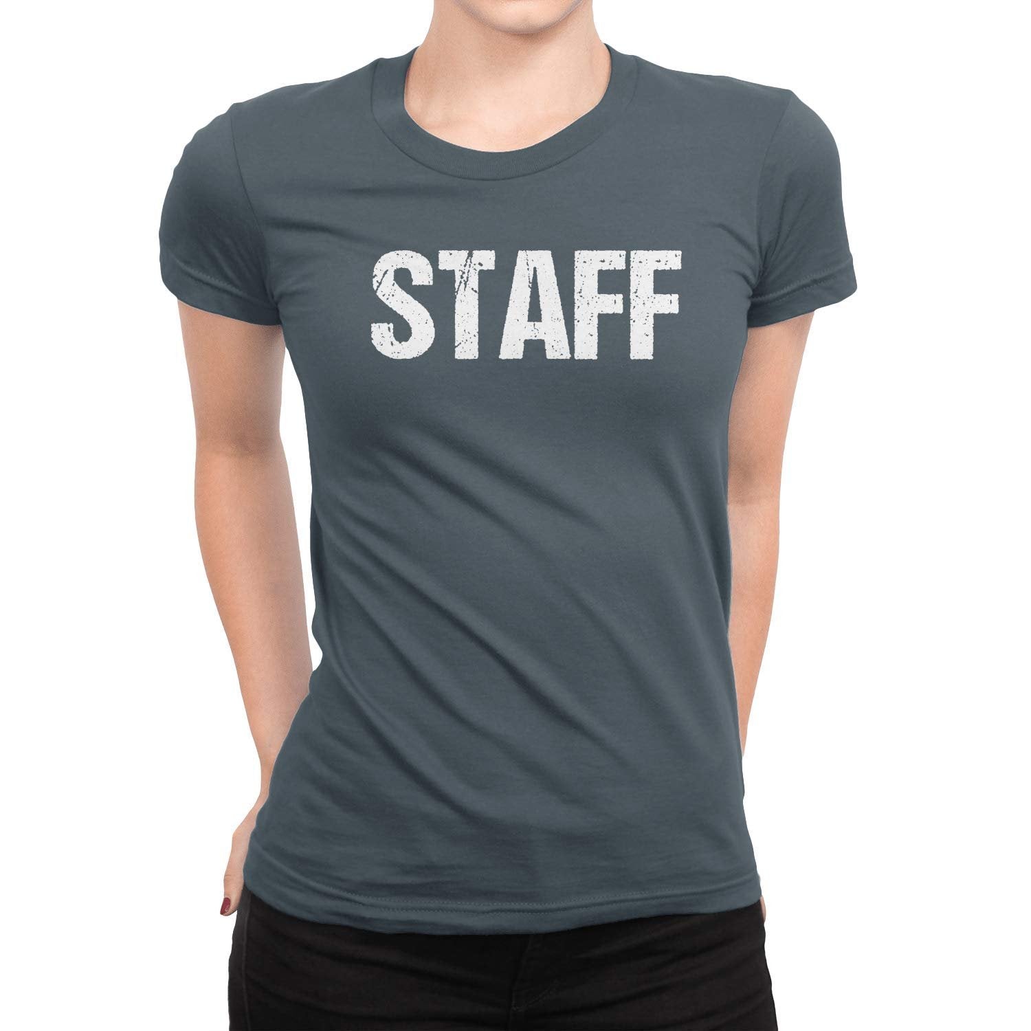 Staff Ladies Short Sleeve T-Shirt (Distressed Design, Charcoal/White)