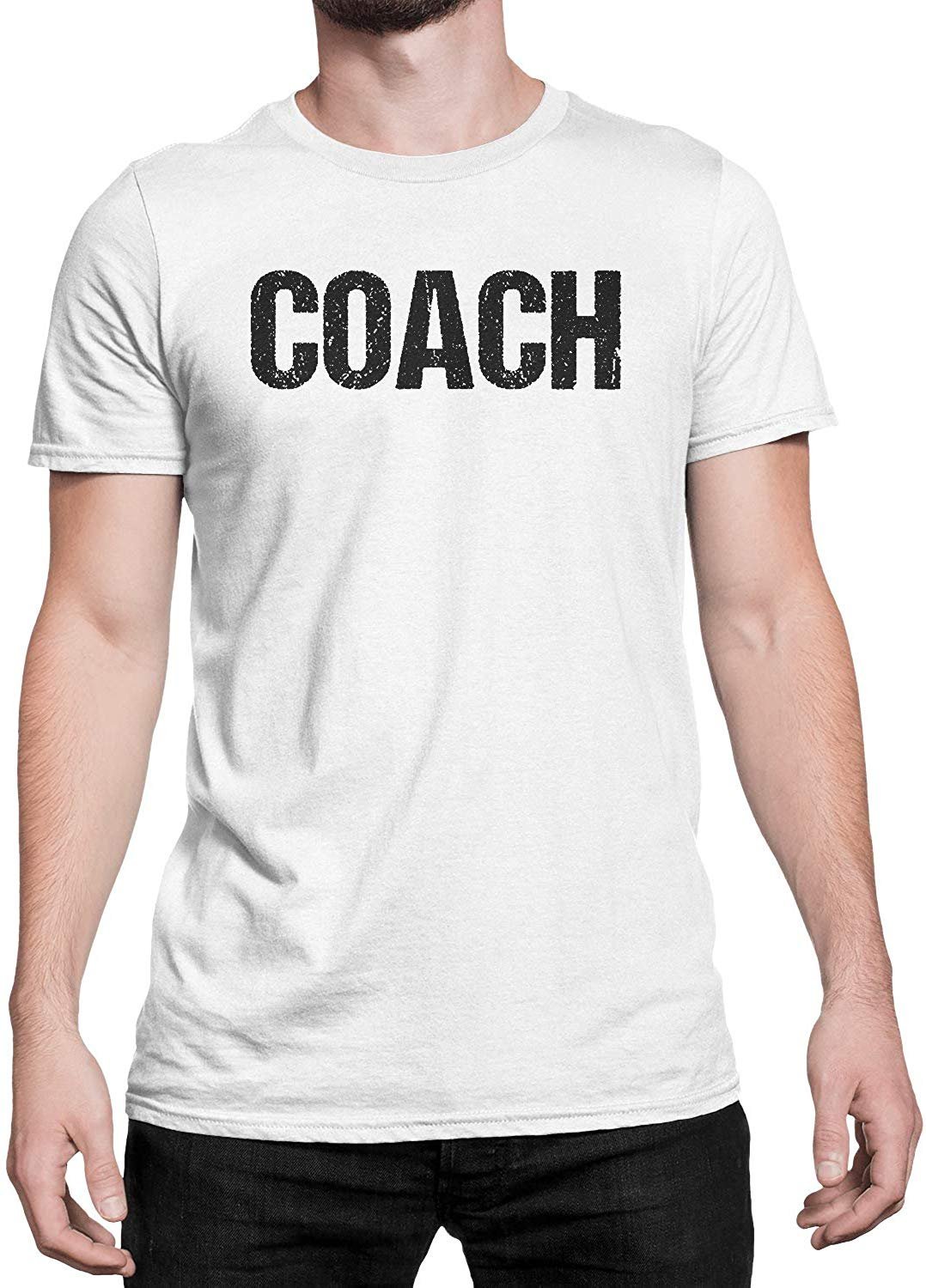 Coach T-Shirt Sports Coaching Tee Shirt (White & Black, Distressed)