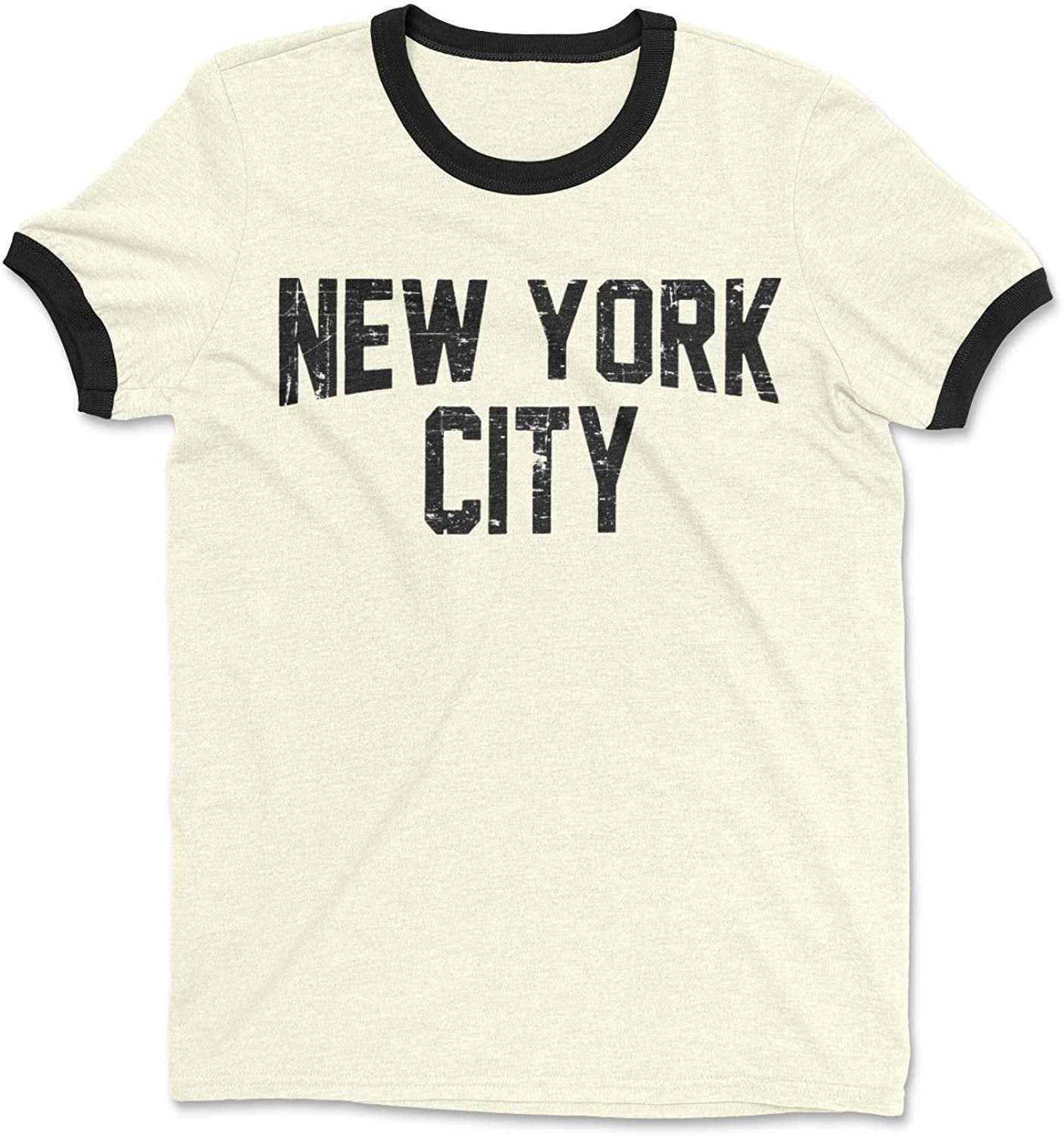 NYC Factory Ringer Tee Natural New York City John Lennon Distressed T-Shirt Retro Natural, 2XL, Adult Unisex, White