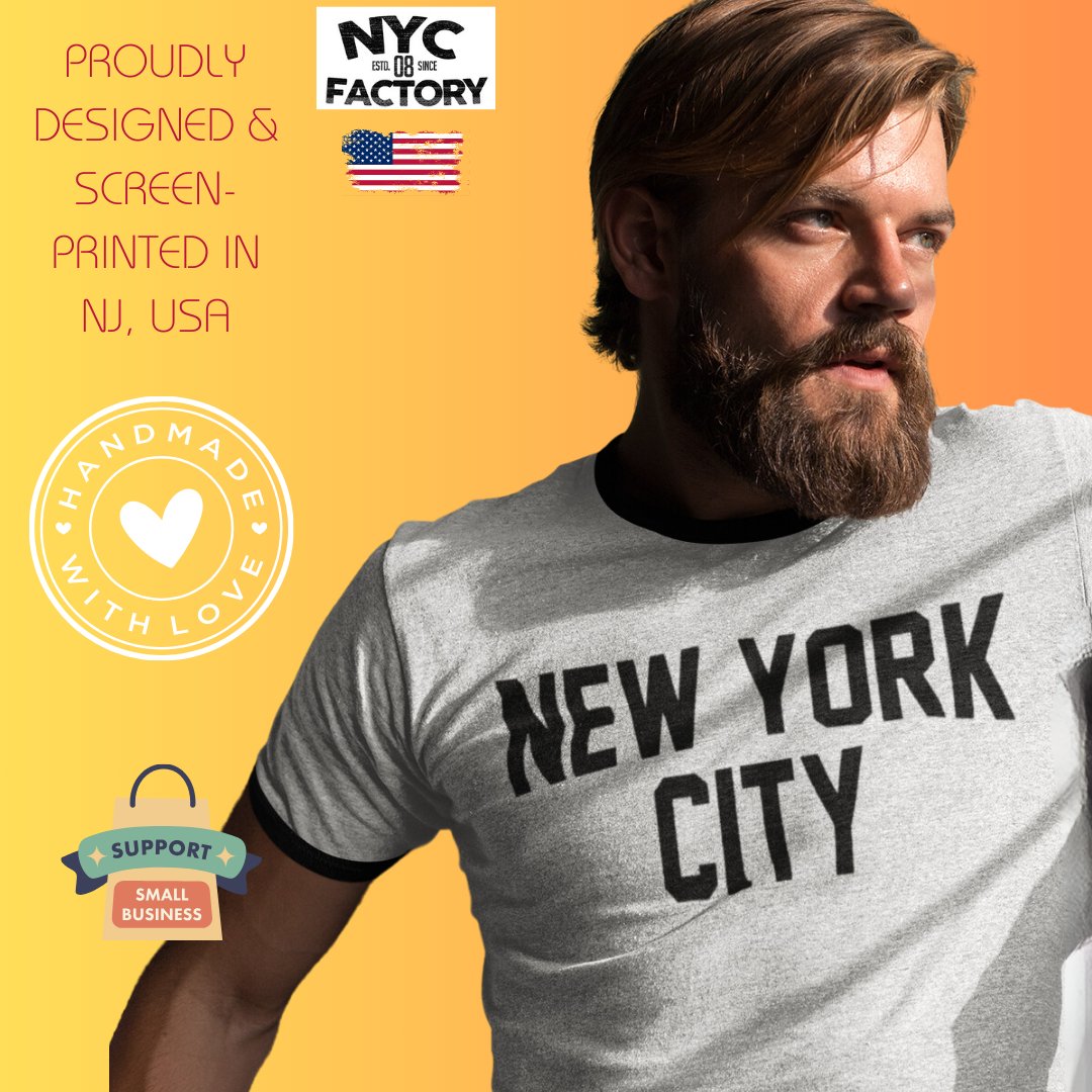 New York City Ringer Tee T-Shirt Retro Style Men's Shirt (White/Black, Distressed)