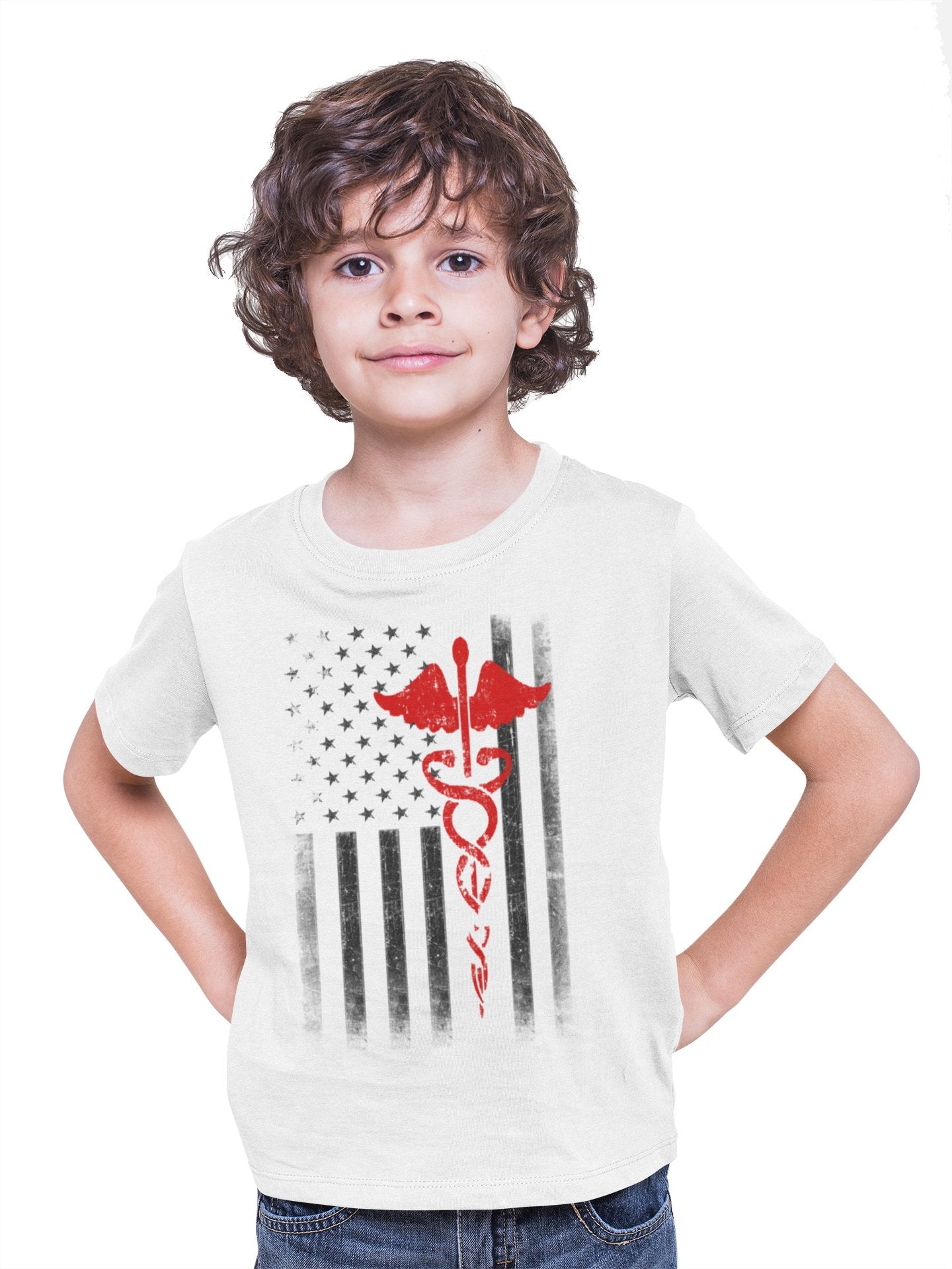 Kids USA Flag Red Tee Support Our Heroes EMT Nurses Boys Girls Youth T-Shirt