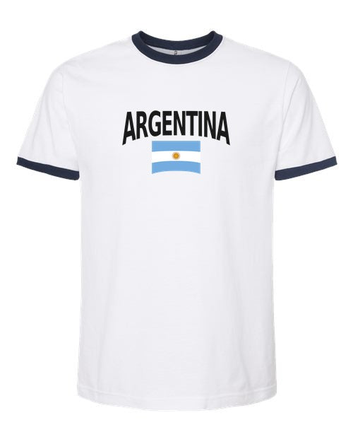 Argentina Soccer Ringer Tee 2026 — Classic Name & Flag | NYC Factory - white_navy