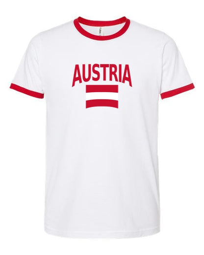 Austria Soccer Ringer Tee 2026 — Classic Name & Flag | NYC Factory - white_red