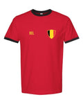 Belgium Soccer Ringer Tee 2026 — Retro National Crest — Red/Black | NYC Factory