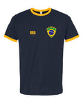 Brazil Soccer Ringer Tee 2026 — Retro National Crest — Navy/Gold | NYC Factory