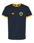 Brazil Soccer Ringer Tee 2026 — Retro National Crest — Navy/Gold | NYC Factory