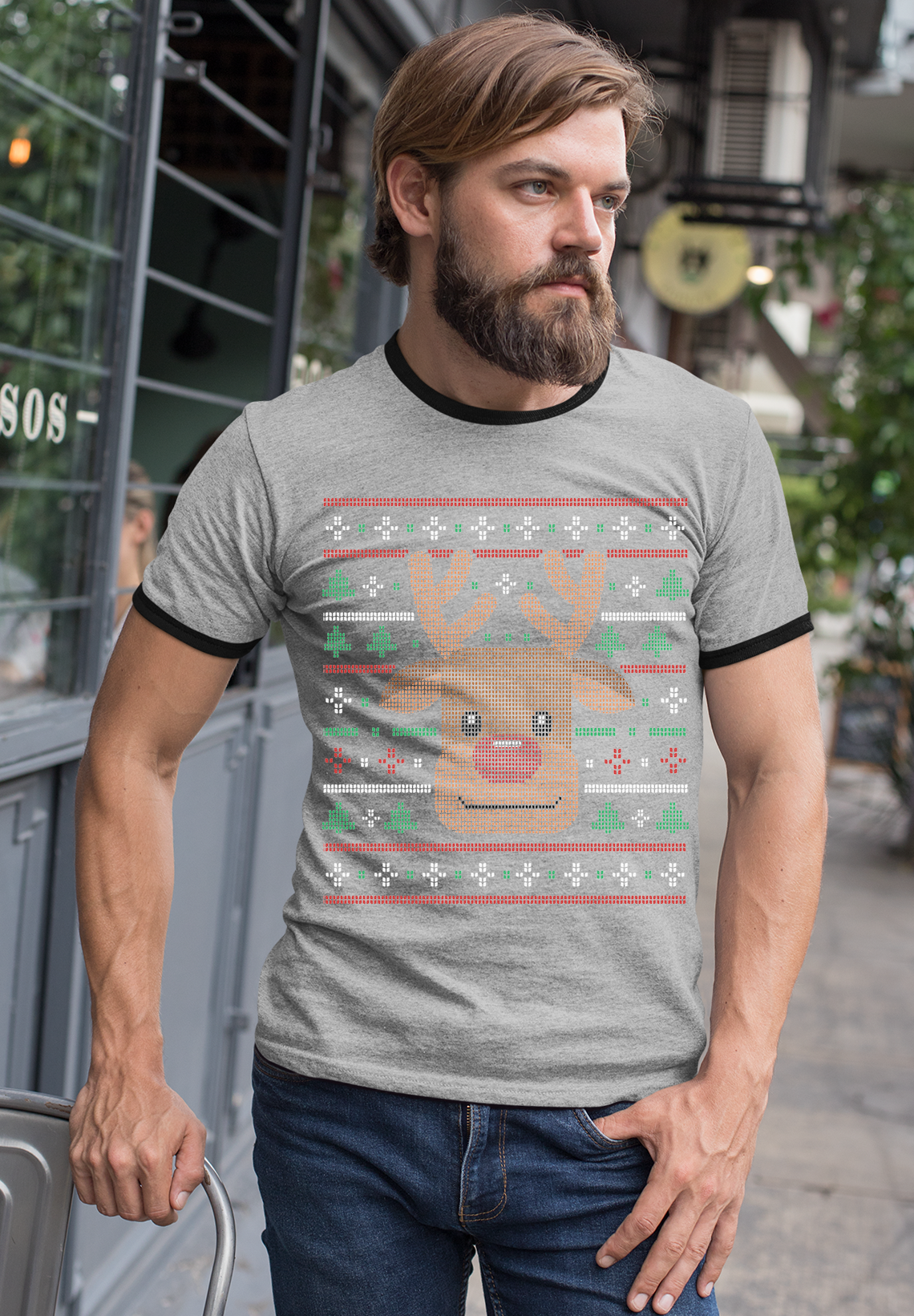 Ugly Xmas Reindeer Design Custom Mens Ringer T-Shirt Customized Tee Gray/Black