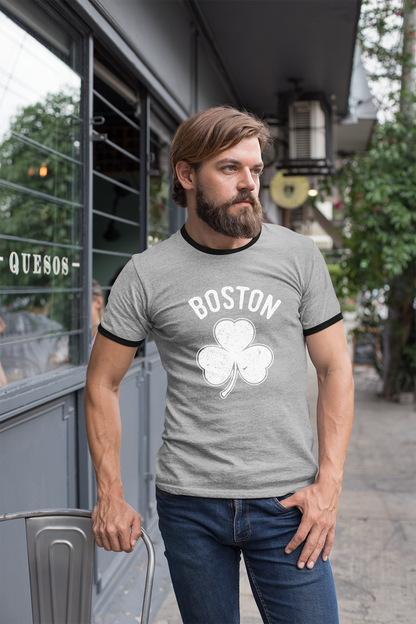 Irish Boston Shamrock White Design Custom Mens Ringer T-Shirt Customized Tee