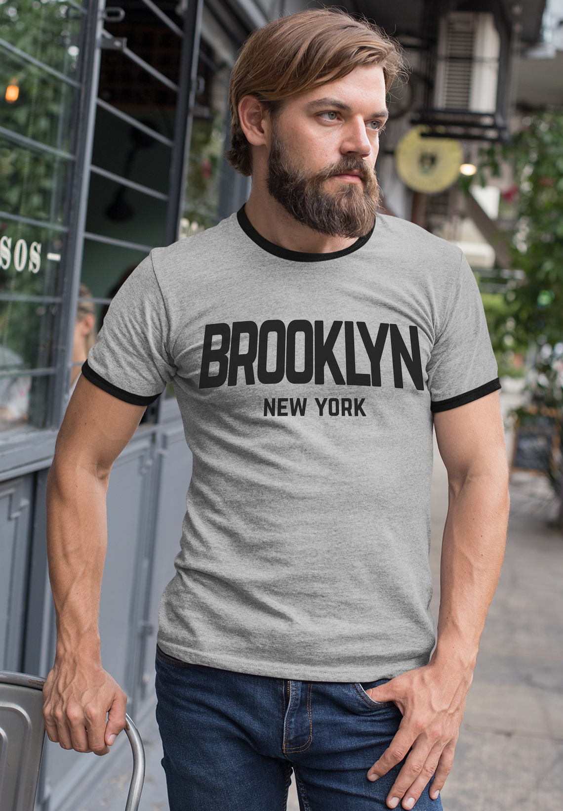 Brooklyn New York Retro Design Custom Mens Ringer T-Shirt Customized Tee Gray/Black