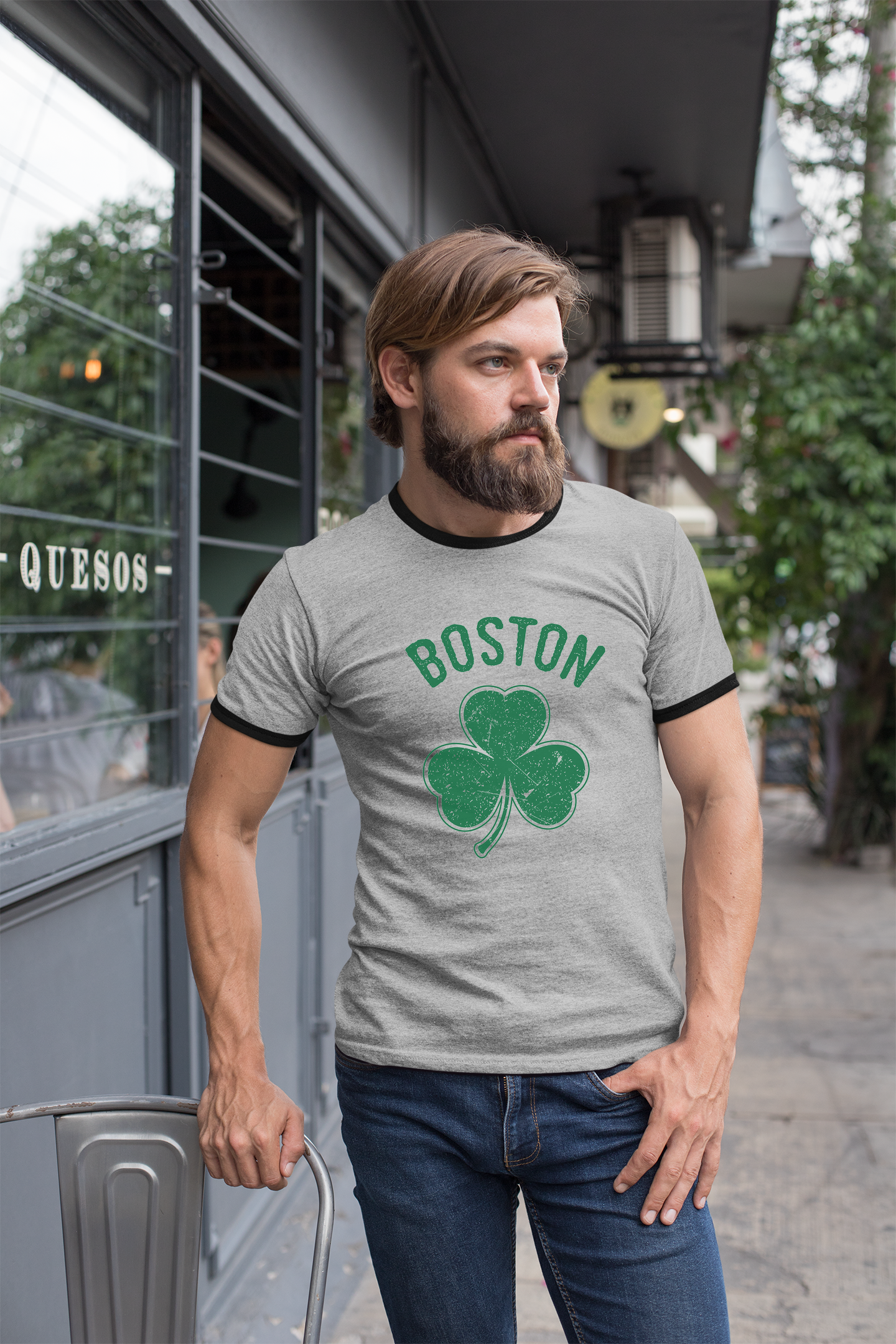 Irish Boston Shamrock Design Custom Mens Ringer T-Shirt Customized Tee Gray/Black