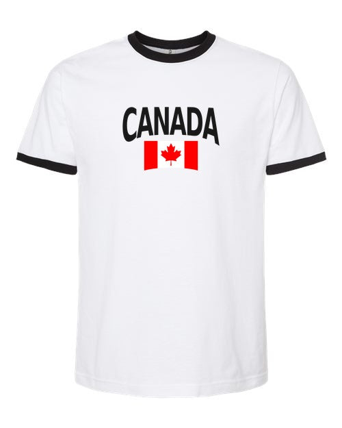 Canada Soccer Ringer Tee 2026 — Classic Name & Flag | NYC Factory - White/Black