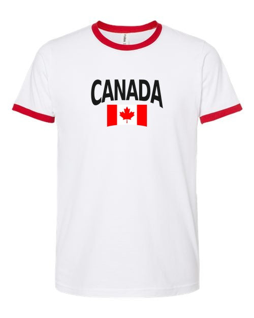 Canada Soccer Ringer Tee 2026 — Classic Name & Flag | NYC Factory - white_red