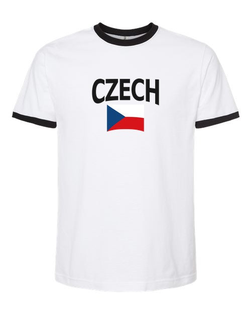 Czech Republic Soccer Ringer Tee 2026 — Classic Name & Flag | NYC Factory - White/Black