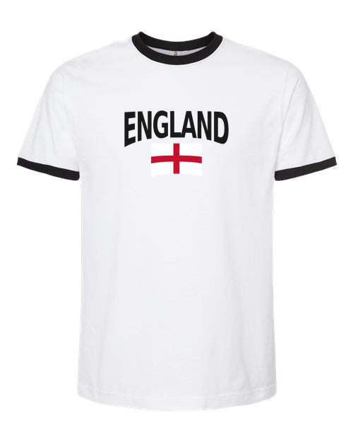 England Soccer Ringer Tee 2026 — Classic Name & Flag | NYC Factory - White/Black