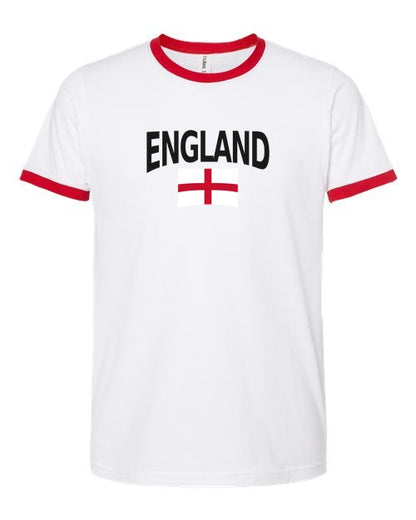 England Soccer Ringer Tee 2026 — Classic Name & Flag | NYC Factory - white_red