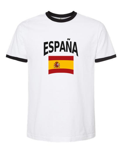 Spain Soccer Ringer Tee 2026 — Classic Name & Flag | NYC Factory - White/Black