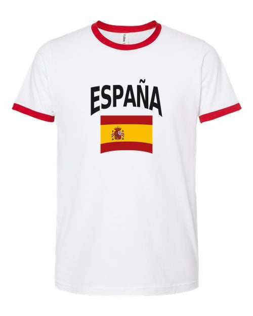 Spain Soccer Ringer Tee 2026 — Classic Name & Flag | NYC Factory - white_red