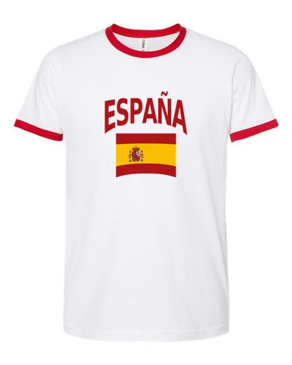 Spain Soccer Ringer Tee 2026 — Classic Name & Flag | NYC Factory - white_red