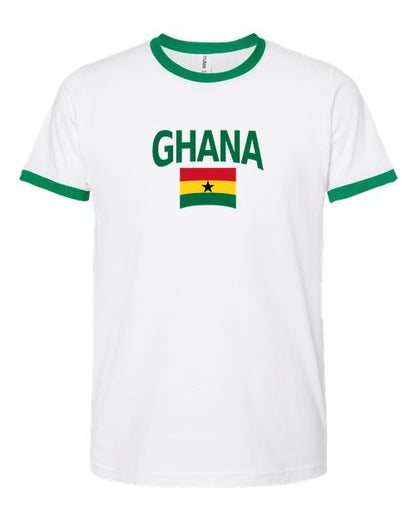 Ghana Soccer Ringer Tee 2026 — Classic Name & Flag | NYC Factory - white_green