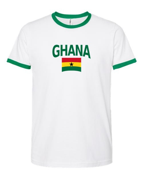 Ghana Soccer Ringer Tee 2026 — Classic Name & Flag | NYC Factory - white_green
