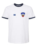 Haiti Soccer Ringer Tee 2026 — Retro National Crest — White/Navy | NYC Factory