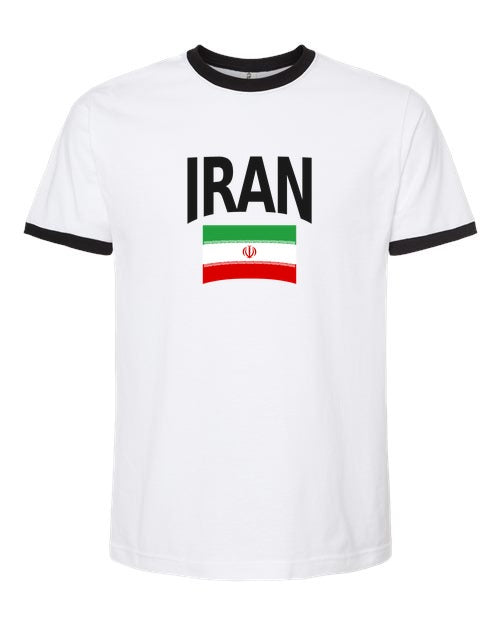 Iran Soccer Ringer Tee 2026 — Classic Name & Flag | NYC Factory - White/Black
