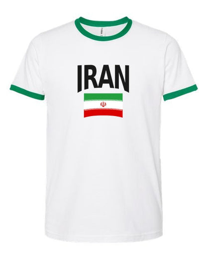 Iran Soccer Ringer Tee 2026 — Classic Name & Flag | NYC Factory - white_green