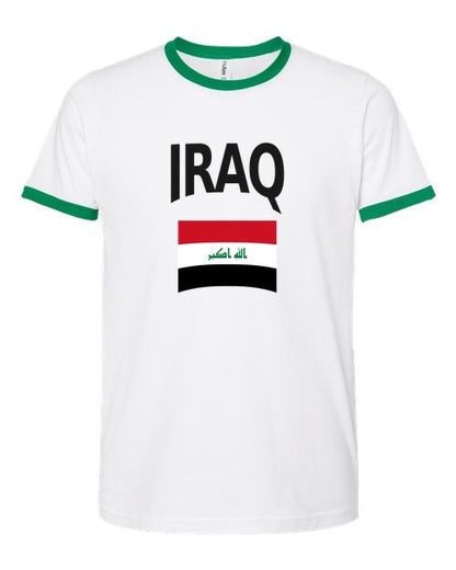 Iraq Soccer Ringer Tee 2026 — Classic Name & Flag | NYC Factory - white_green