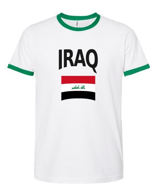 Iraq Soccer Ringer Tee 2026 — Classic Name & Flag | NYC Factory - white_green