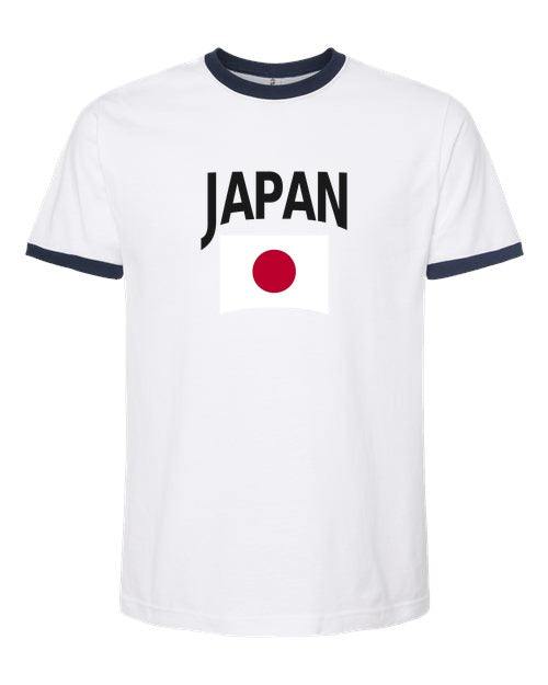 Japan Soccer Ringer Tee 2026 — Classic Name & Flag | NYC Factory - white_navy