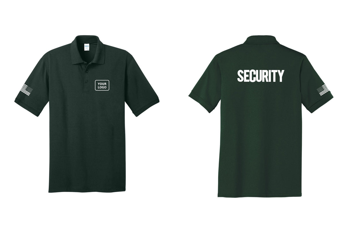 NYC Factory Men's Custom Logo Security Polo Shirt - Your Logo + Back + US Flag Sleeve - Dark Green
