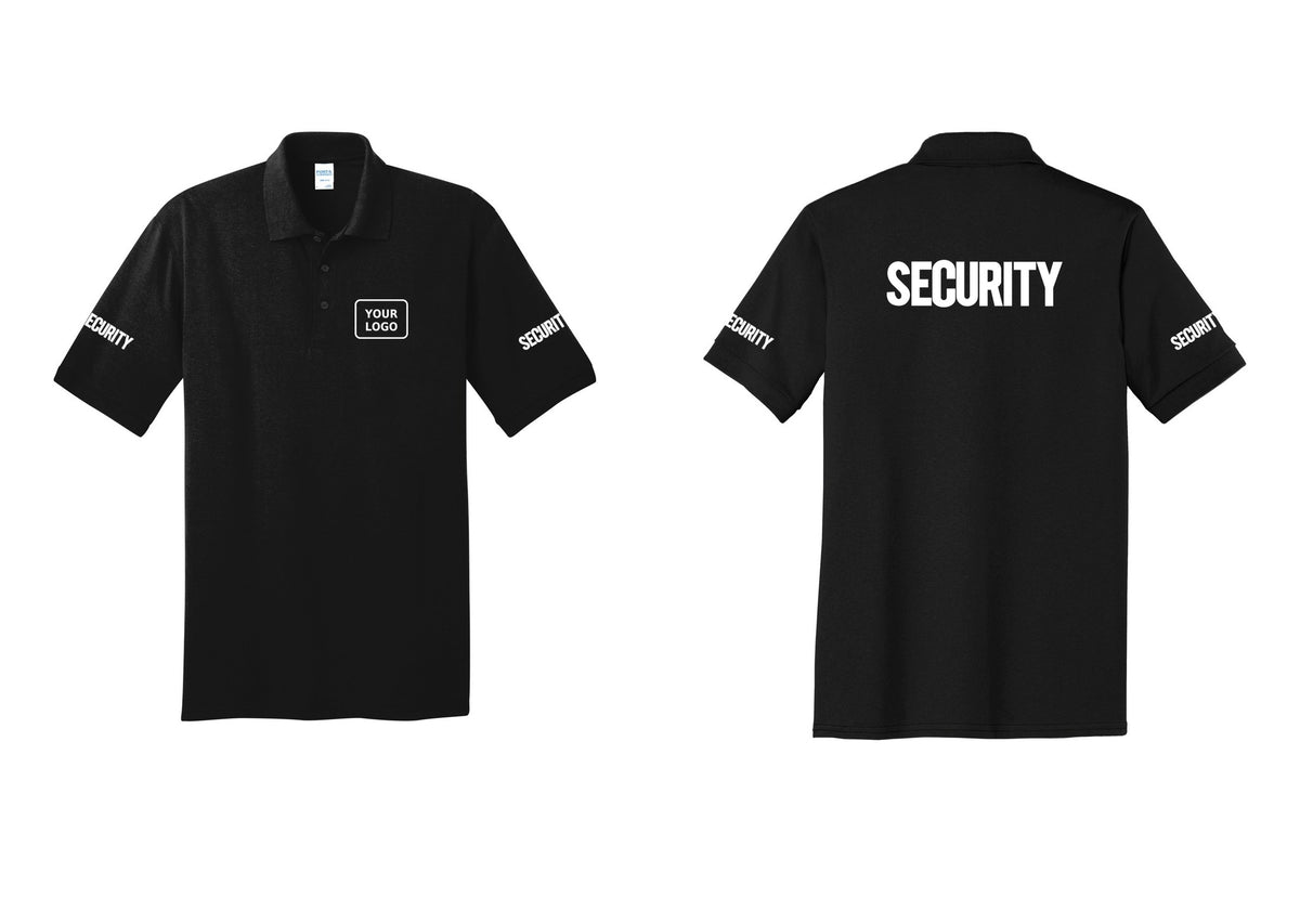 NYC Factory Men's Custom Logo Security Polo Shirt - Your Logo + Back + Security Sleeves - Black