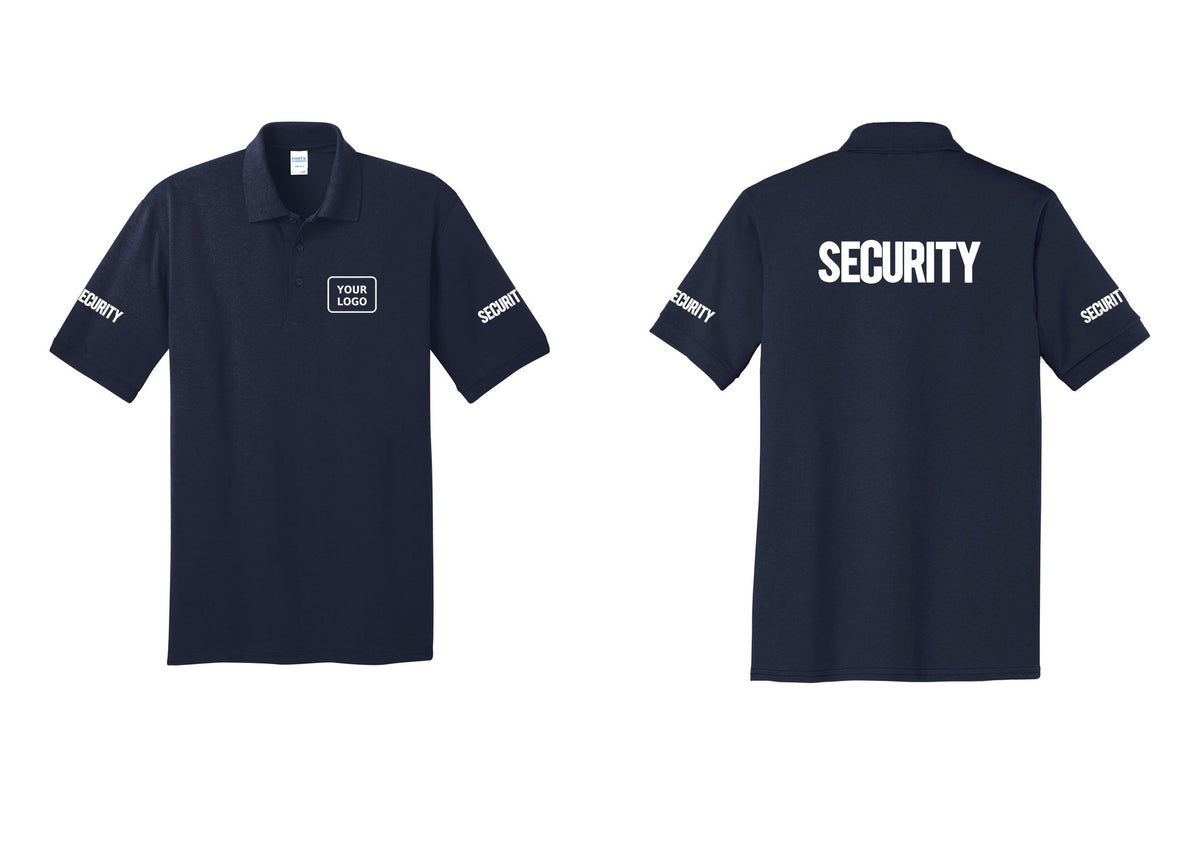 NYC Factory Men's Custom Logo Security Polo Shirt - Your Logo + Back + Security Sleeves - Navy