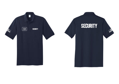 NYC Factory Men's Custom Logo Security Polo Shirt - SECURITY + Your Logo + Back + US Flag Sleeve - Navy