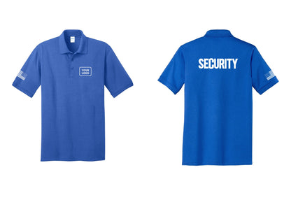 NYC Factory Men's Custom Logo Security Polo Shirt - Your Logo + Back + US Flag Sleeve - Royal