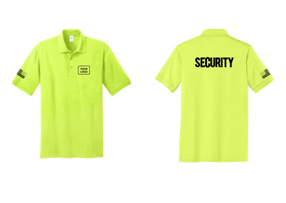 NYC Factory Men's Custom Logo Security Polo Shirt - Your Logo + Back + US Flag Sleeve - Safety Green
