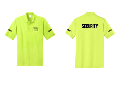 NYC Factory Men's Custom Logo Security Polo Shirt - Your Logo + Back + Security Sleeves - Safety Green