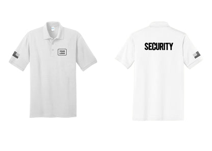 NYC Factory Men's Custom Logo Security Polo Shirt - Your Logo + Back + US Flag Sleeve - White