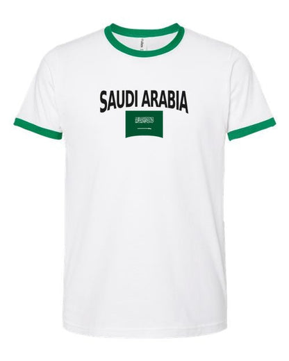 Saudi Arabia Soccer Ringer Tee 2026 — Classic Name & Flag | NYC Factory - white_green