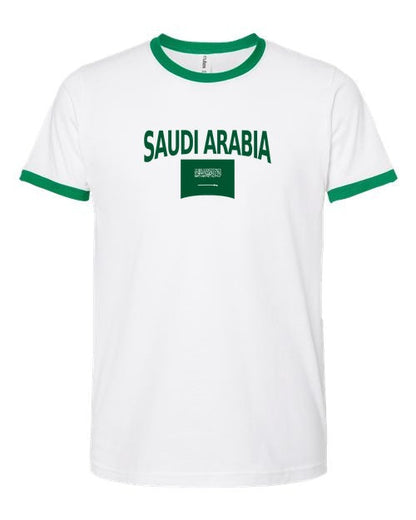 Saudi Arabia Soccer Ringer Tee 2026 — Classic Name & Flag | NYC Factory - white_green