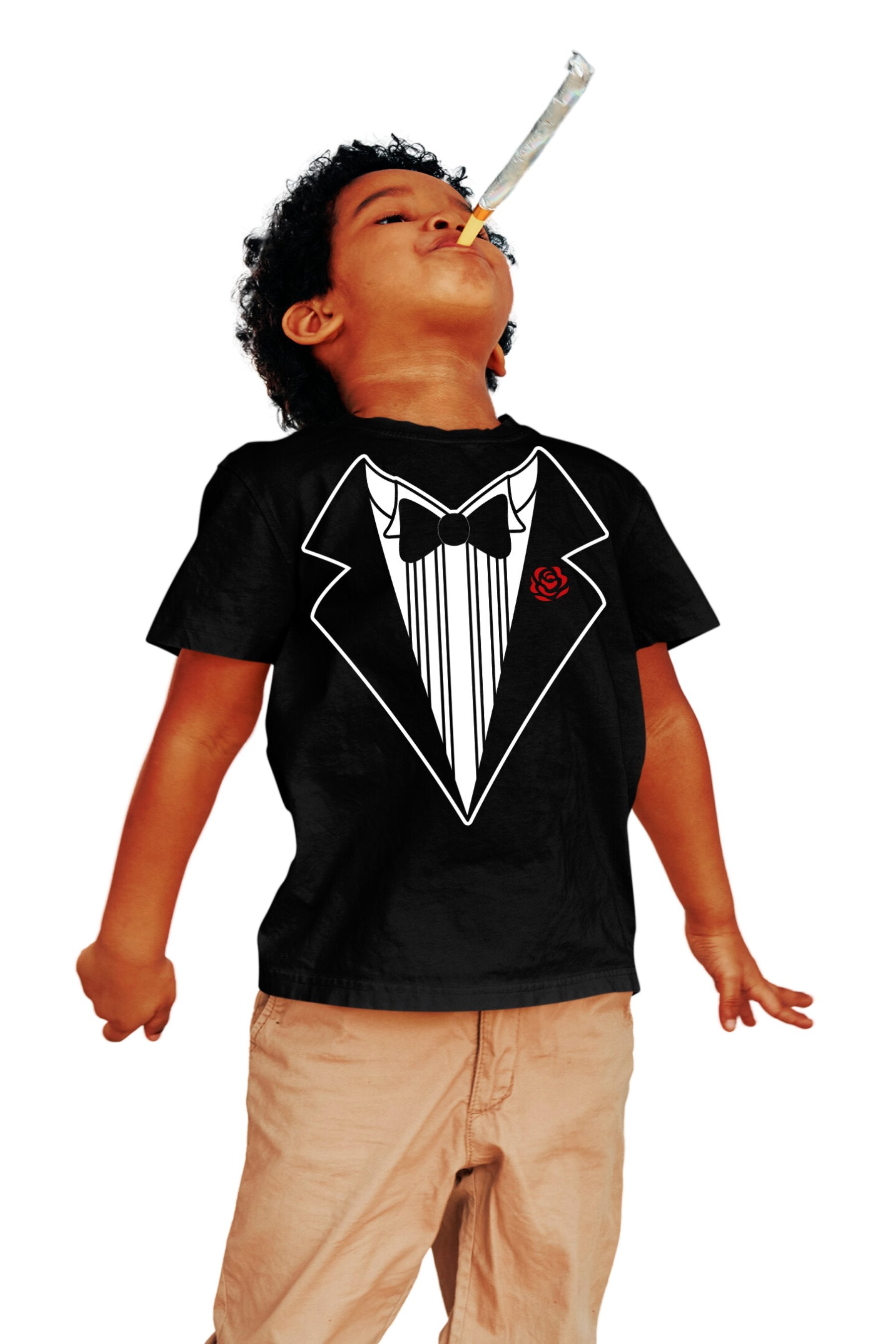 Kids Funny Tuxedo T-Shirt Black With Formal Red Rose Tux Shirt Boys & Girls